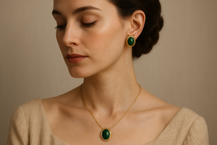 A model wearing vintage clip-on earrings and matching necklace. They are gold plated a classic oval silhouette with lush green cabochon stones. They are not dominant they are subtle elegance.