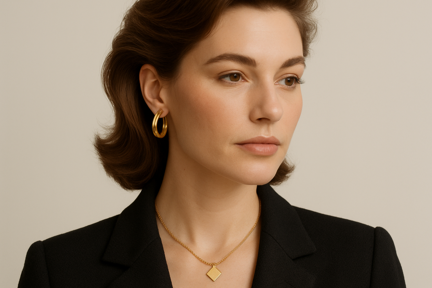 Make the jewellery more subtle and from 1980s era